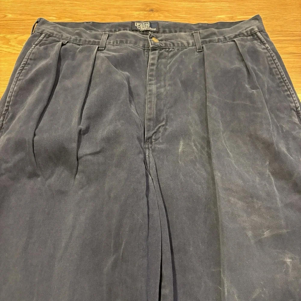 VTG Polo Ralph Lauren Andrew Pants Mens 35x32 Navy Blue Double-Pleated Made USA
